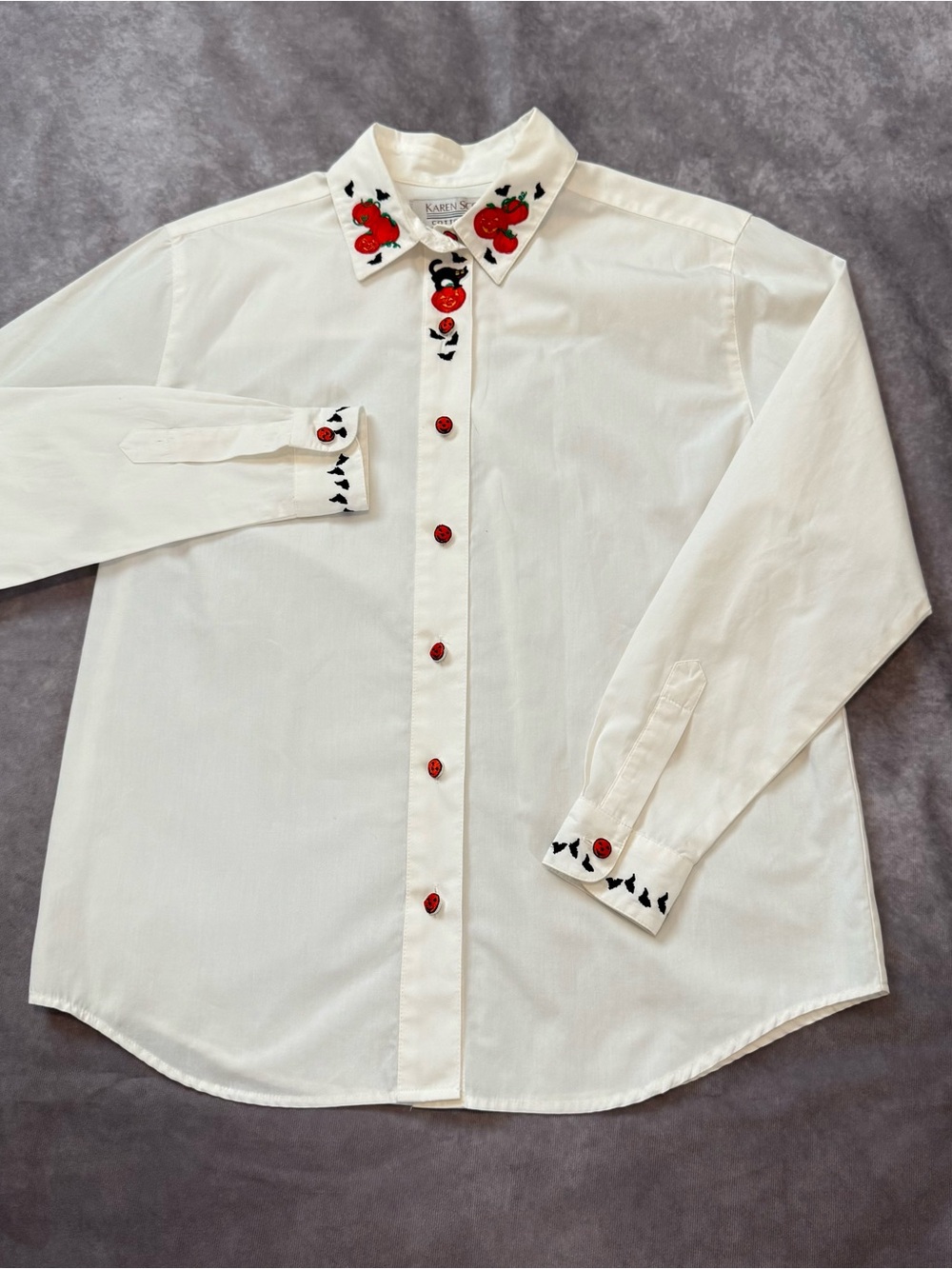 Karen Scott White Button-Down Shirt with Red Embroidered Apples